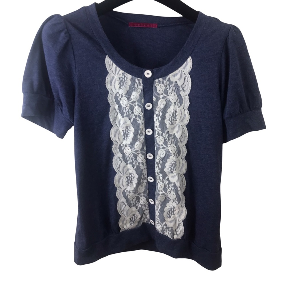 VELVET Brushed Blue Top Lace Button Front Small Puff Sleeves Cottage Core